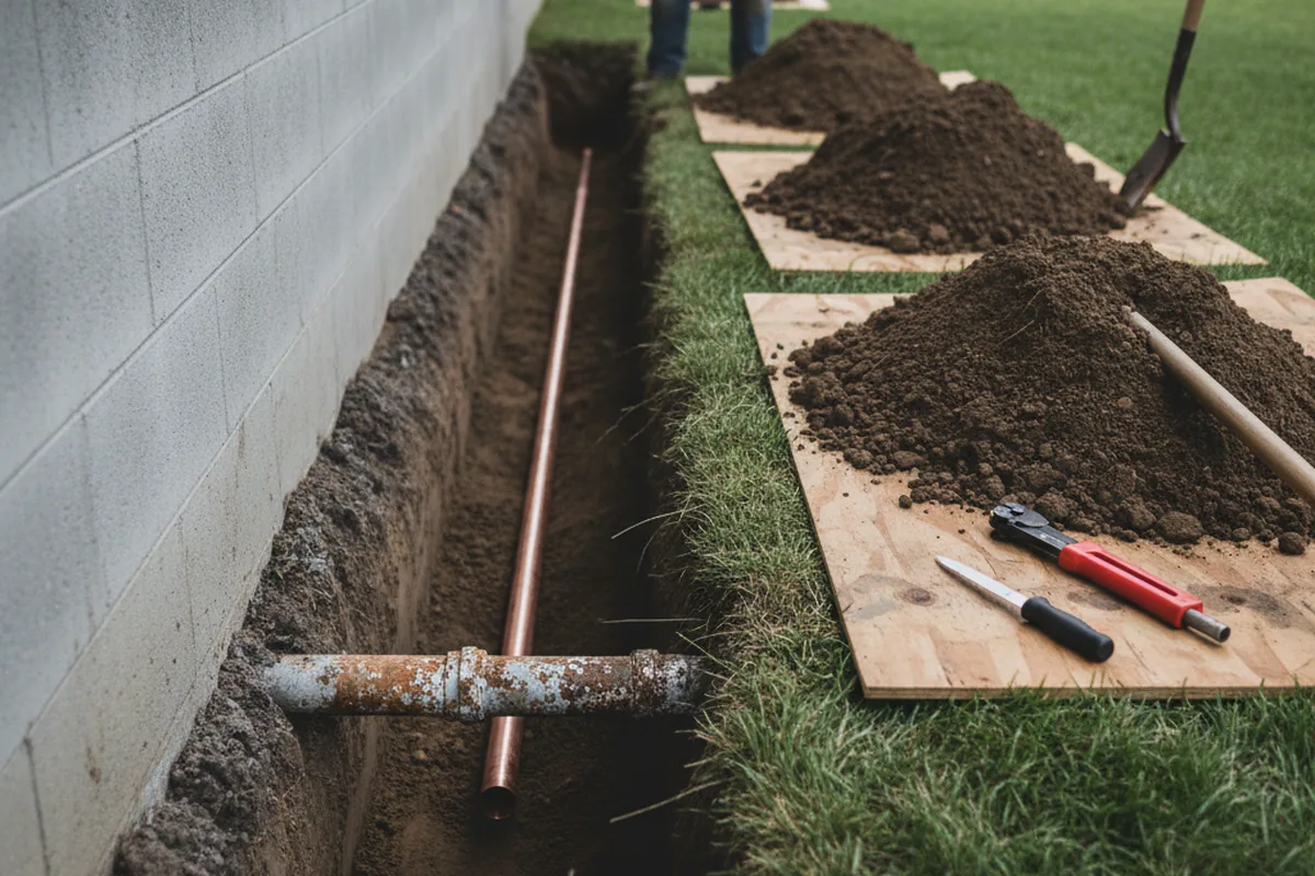 Excavated water line trench during Water Softener Installation in Germanton